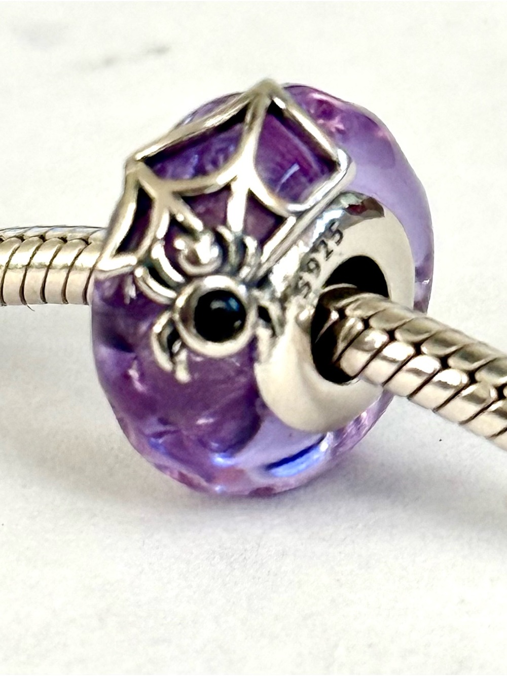 Wavy Purple Murano charm Glass Spider & Web details fit Pandora bracelets